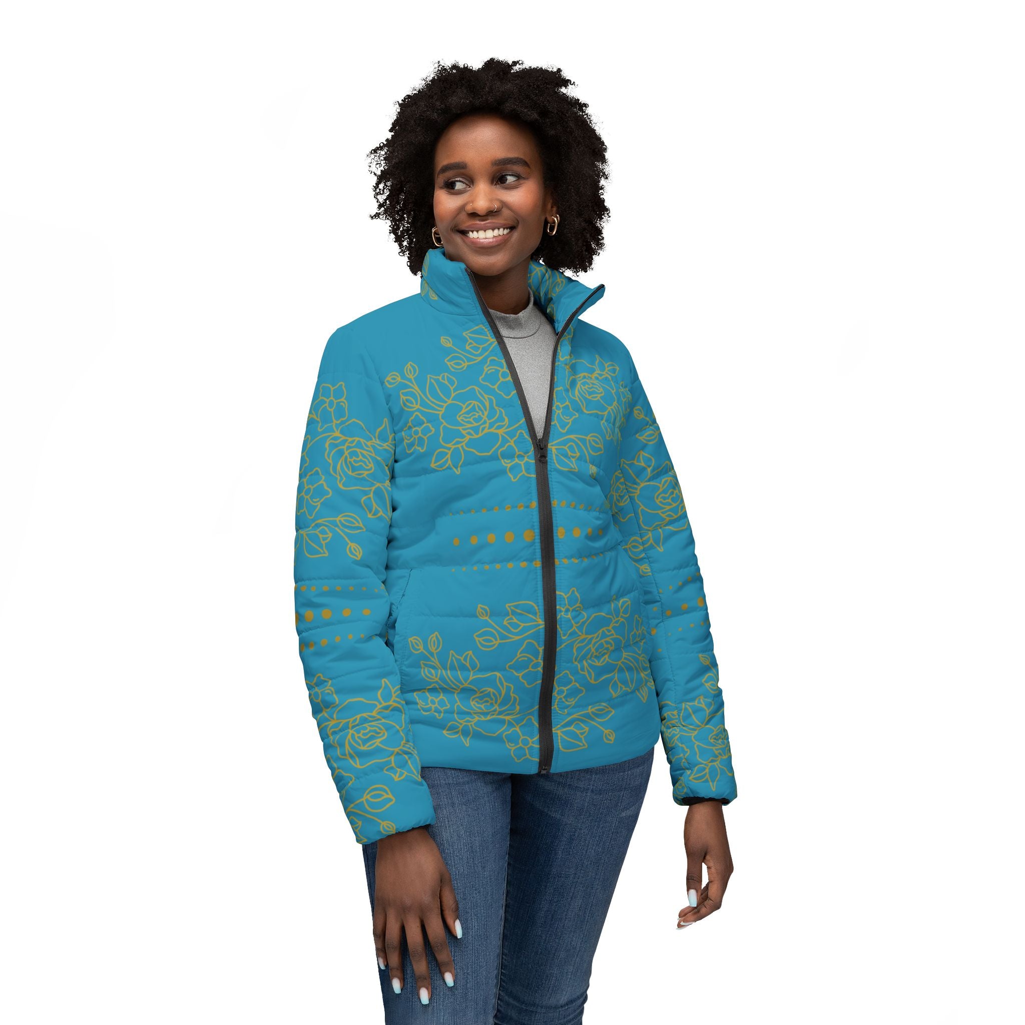 $NiieihiiNookei Floral Teal Women’s Puffer Jacket — Lightweight Quilted Winter Coat