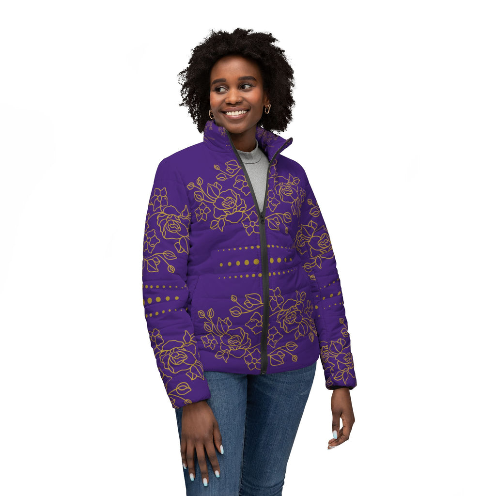 $NiieihiiNookei Floral Gold Accent Puffer Jacket — Women's Purple Quilted Coat