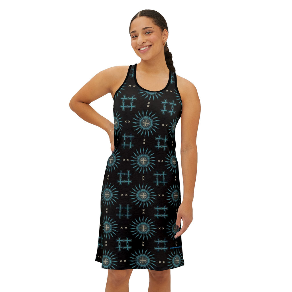 $NiieihiiNookei Racerback Dress — Teal & Black All-Over Print