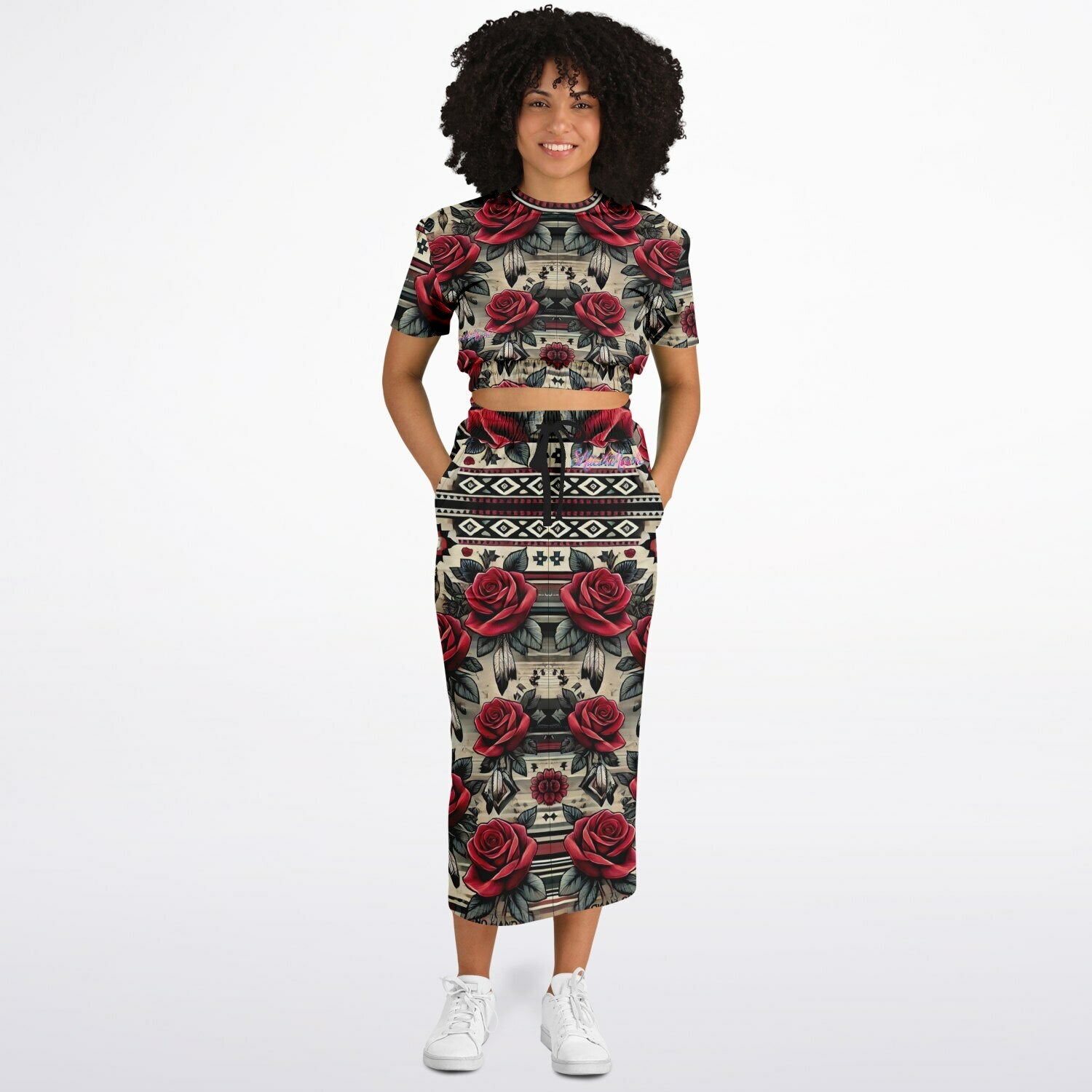 $NiieihiiNookei Athletic Cropped Short Sleeve Sweatshirt and Long Pocket Skirt Set – AOP