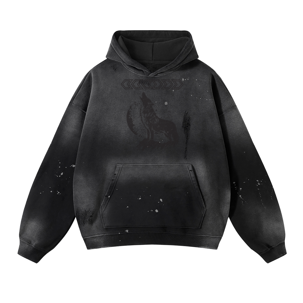 BLACK WOLF Vintage Wash Frayed Fleece Hoodie - 360 GSM