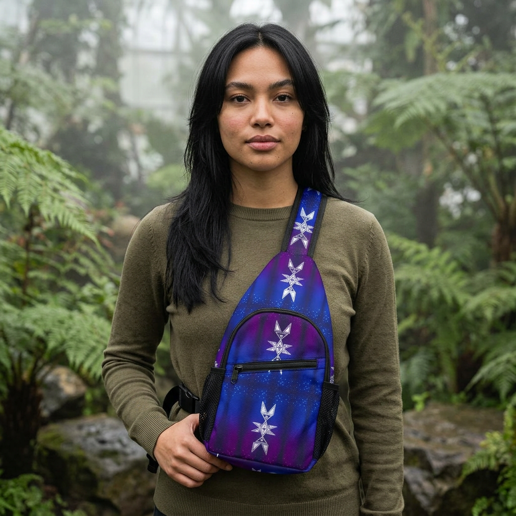 Blue Purple Geometric Chest Bag – AOP Sling Pack with Abstract Star Pattern