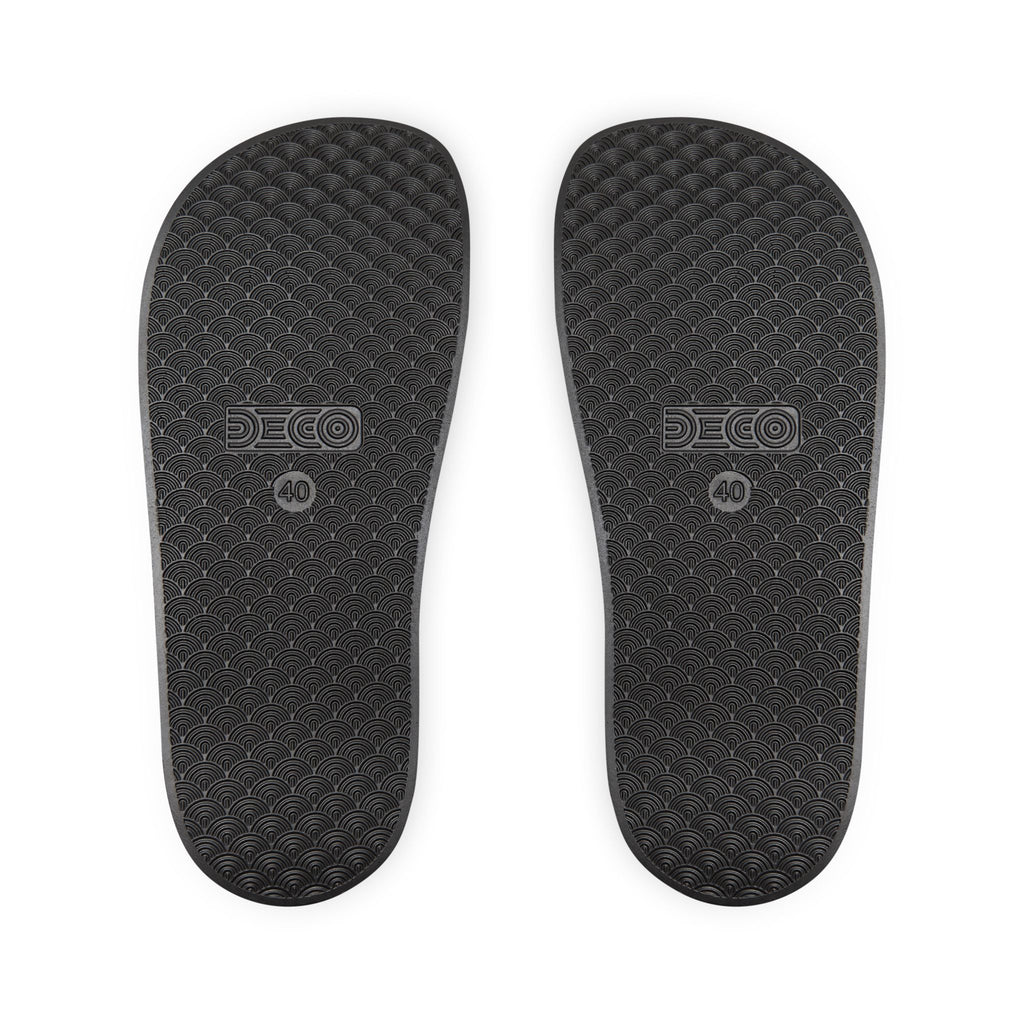 Men's Slide Sandals — Black Geometric Cosmic Pattern, Removable-Strap Pool Slides