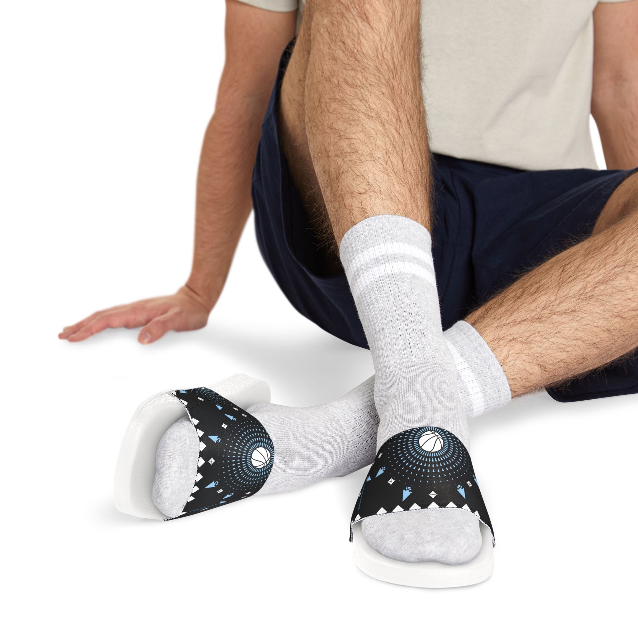 Men's Slide Sandals — Black Geometric Cosmic Pattern, Removable-Strap Pool Slides