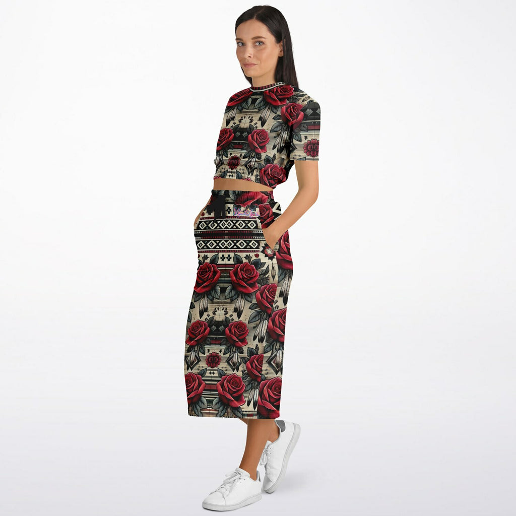 $NiieihiiNookei Athletic Cropped Short Sleeve Sweatshirt and Long Pocket Skirt Set – AOP