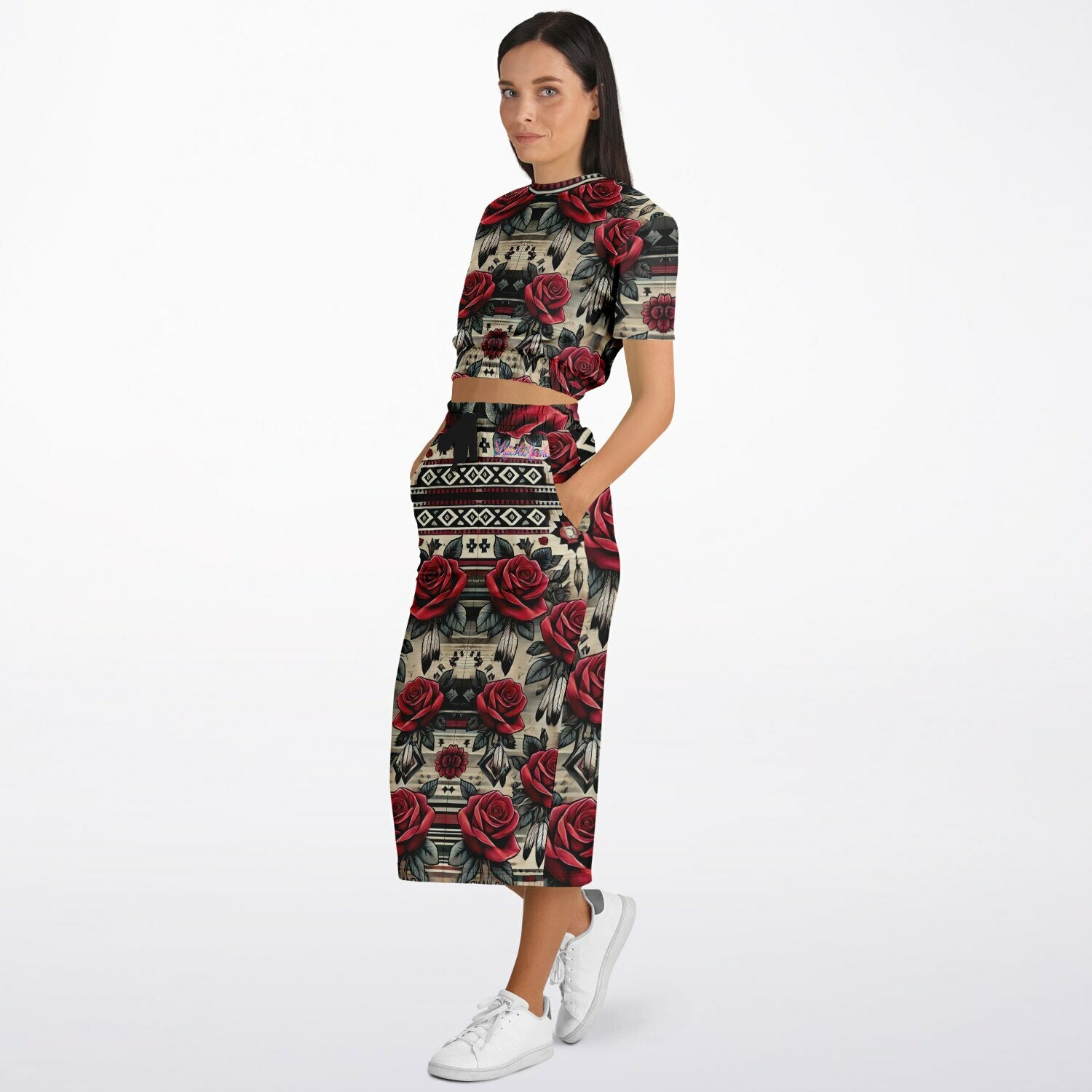 $NiieihiiNookei Athletic Cropped Short Sleeve Sweatshirt and Long Pocket Skirt Set – AOP