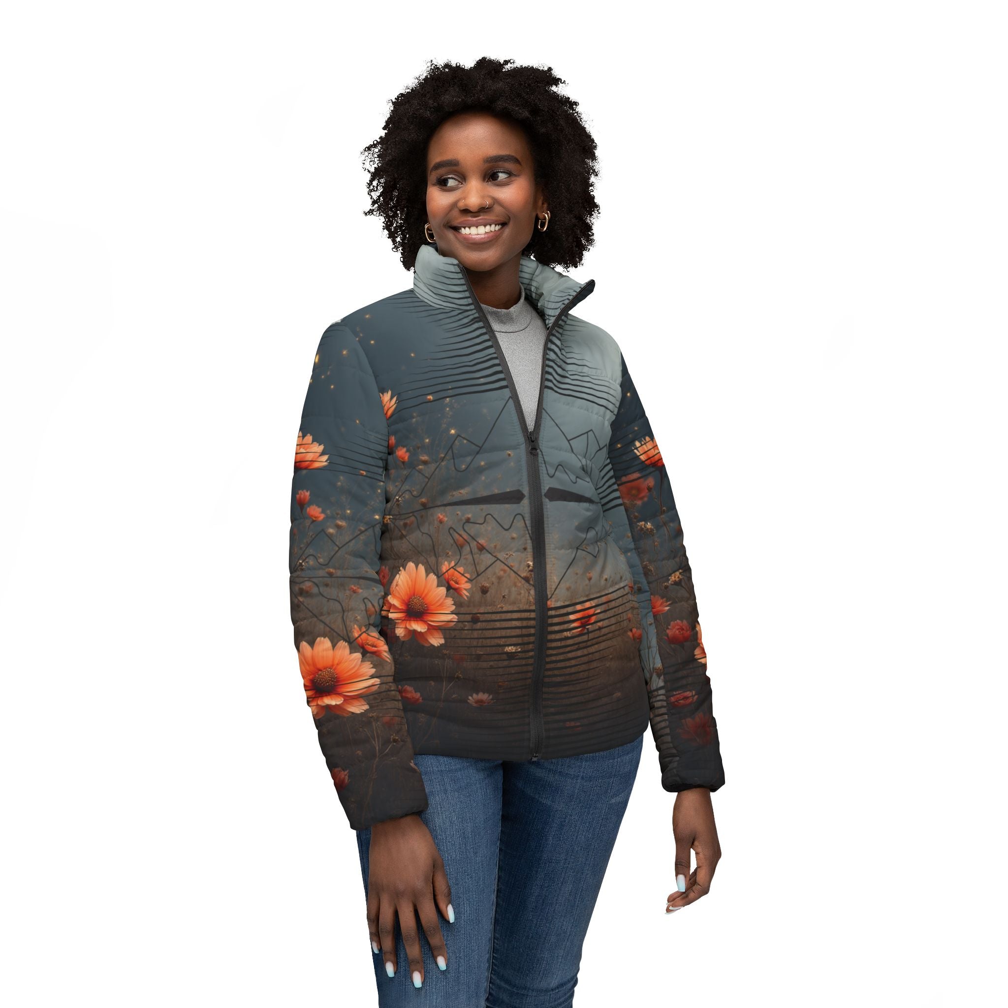 $NiieihiiNookei Floral Mountain Women’s Puffer Jacket — Cozy AOP Winter Coat with Sunset Blossoms