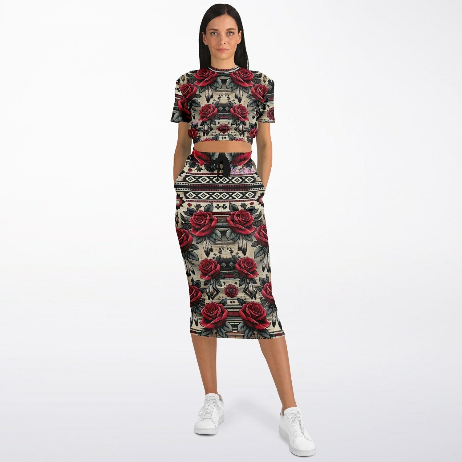 $NiieihiiNookei Athletic Cropped Short Sleeve Sweatshirt and Long Pocket Skirt Set – AOP