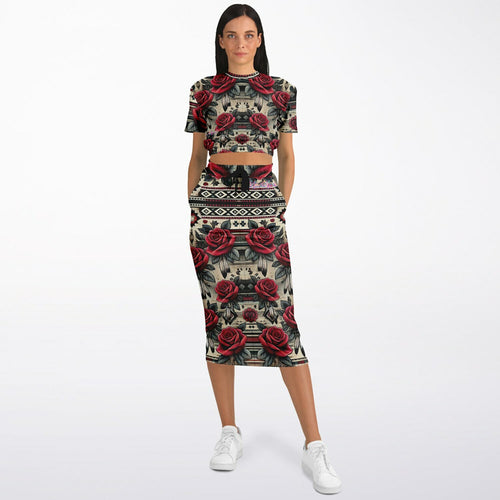 $NiieihiiNookei Athletic Cropped Short Sleeve Sweatshirt and Long Pocket Skirt Set – AOP