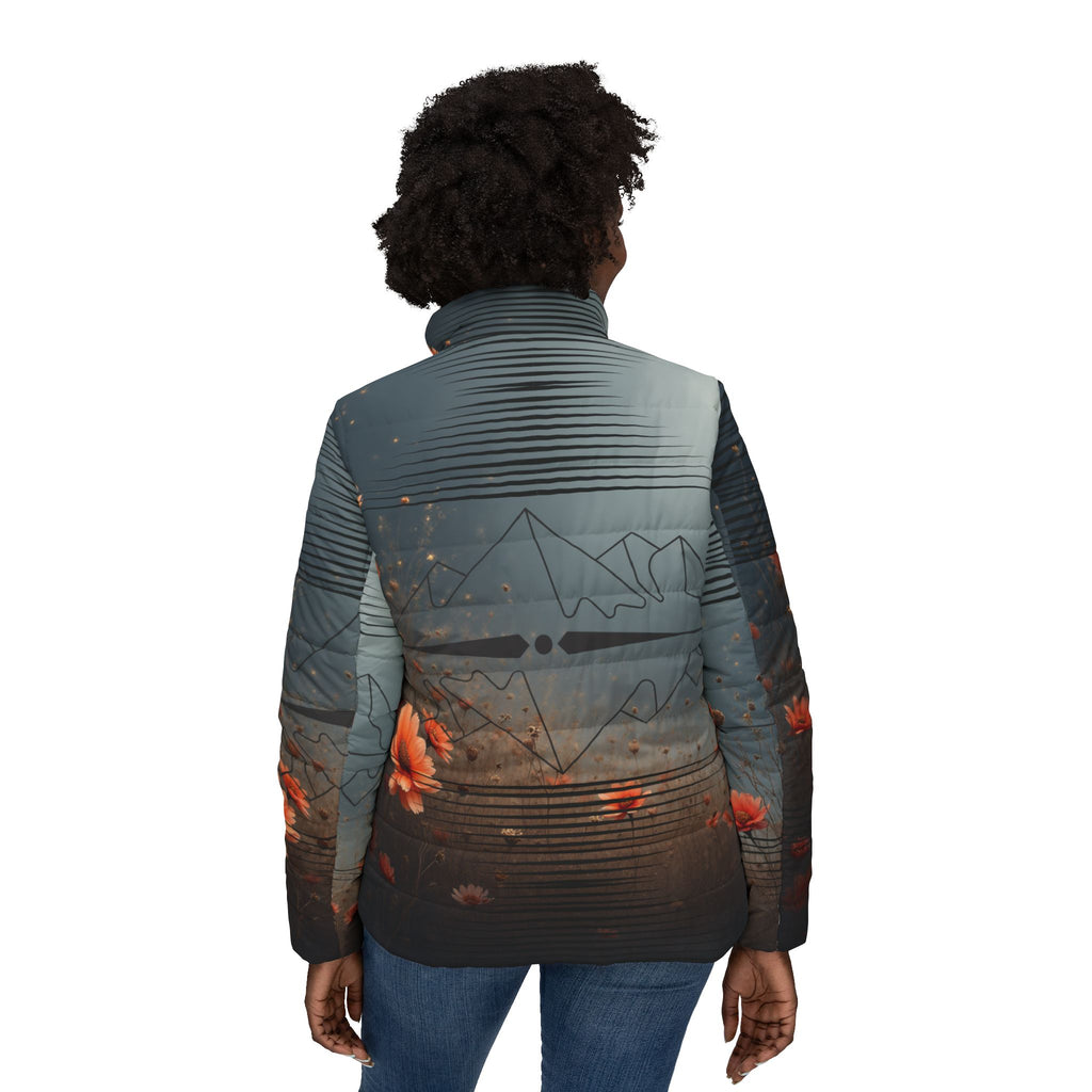 $NiieihiiNookei Floral Mountain Women’s Puffer Jacket — Cozy AOP Winter Coat with Sunset Blossoms