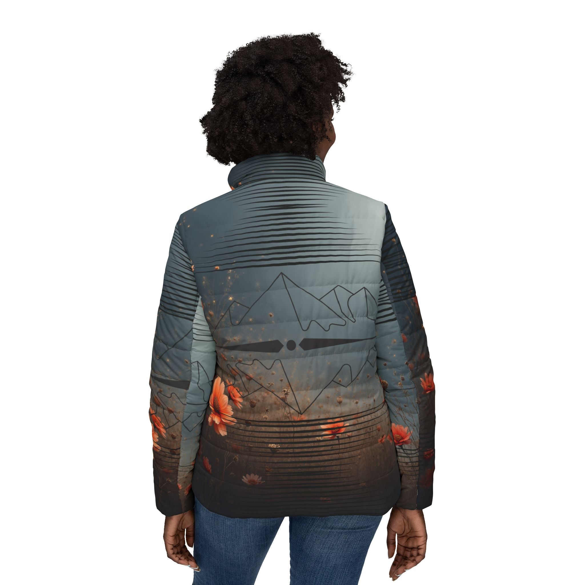 $NiieihiiNookei Floral Mountain Women’s Puffer Jacket — Cozy AOP Winter Coat with Sunset Blossoms