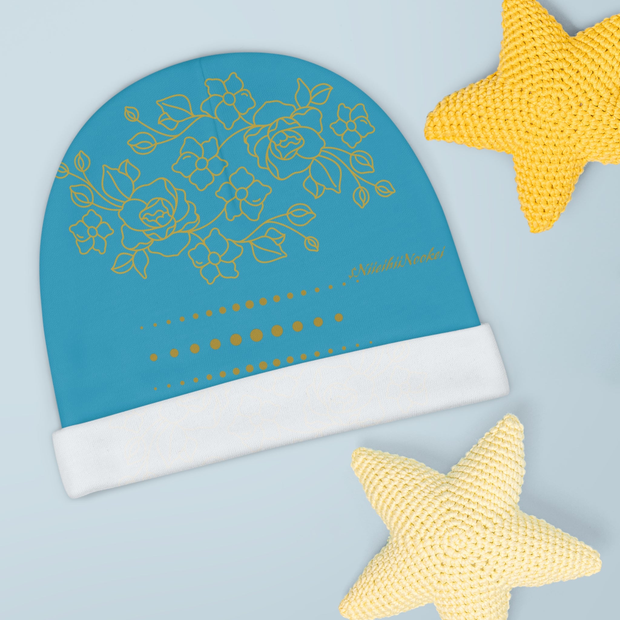 Floral Baby Beanie – Teal Rose Pattern Newborn Hat