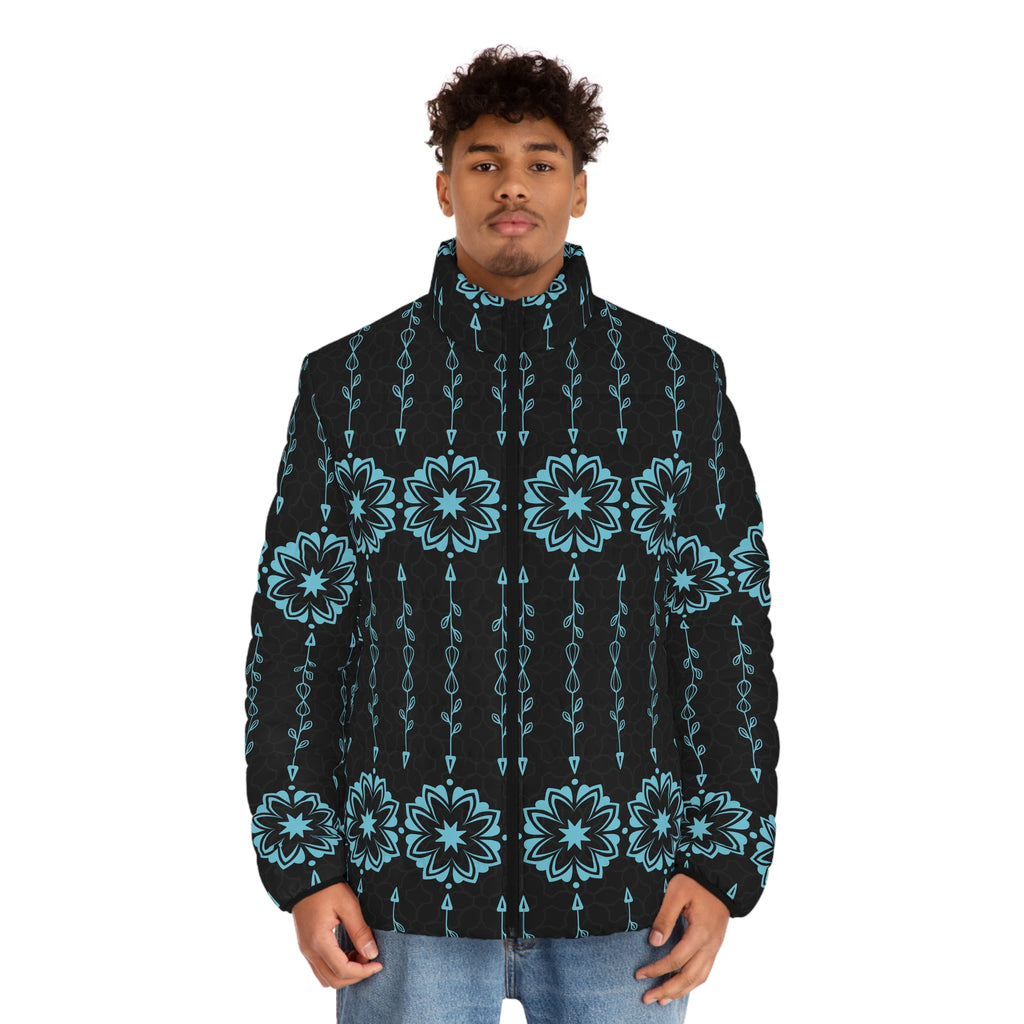 $NiieihiiNookei Men's Puffer Jacket — Modern Indigenous Design AOP