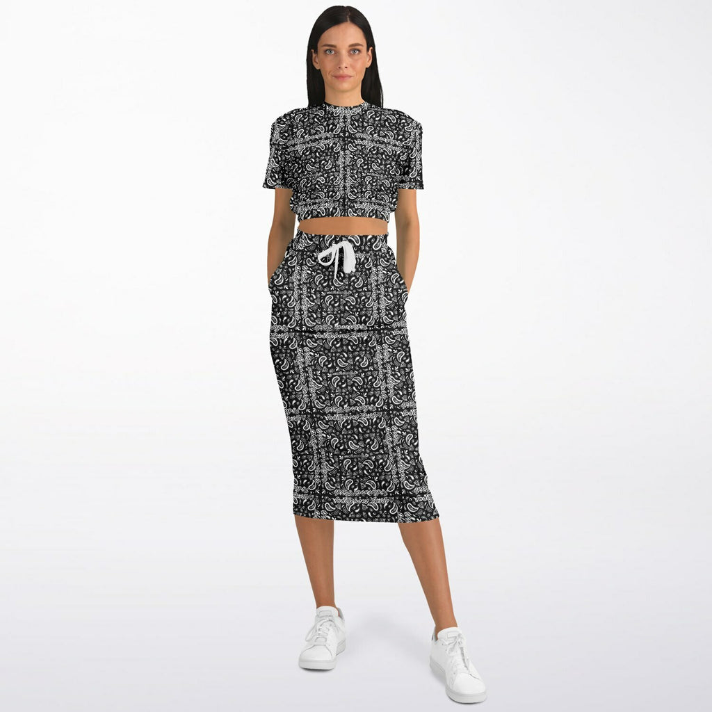 $NiieihiiNookei Athletic Cropped Short Sleeve Sweatshirt and Long Pocket Skirt Set – AOP