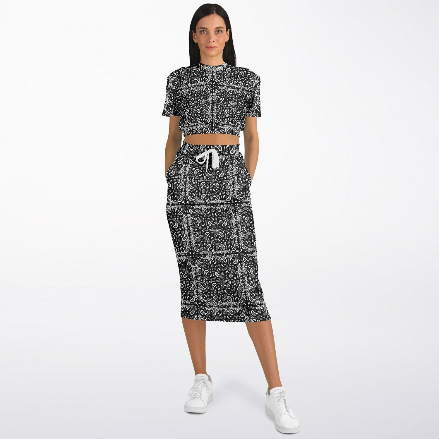 $NiieihiiNookei Athletic Cropped Short Sleeve Sweatshirt and Long Pocket Skirt Set – AOP
