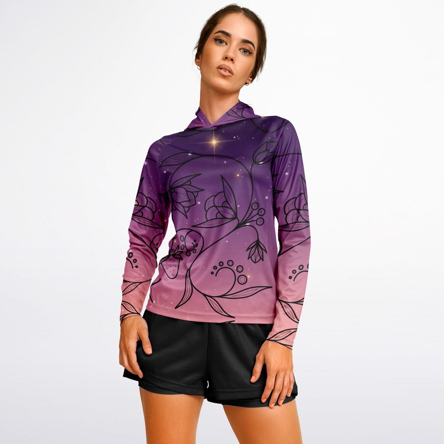 $NiieihiiNookei Floral Sunset Women's Long Sleeve Hooded Performance Shirt - AOP