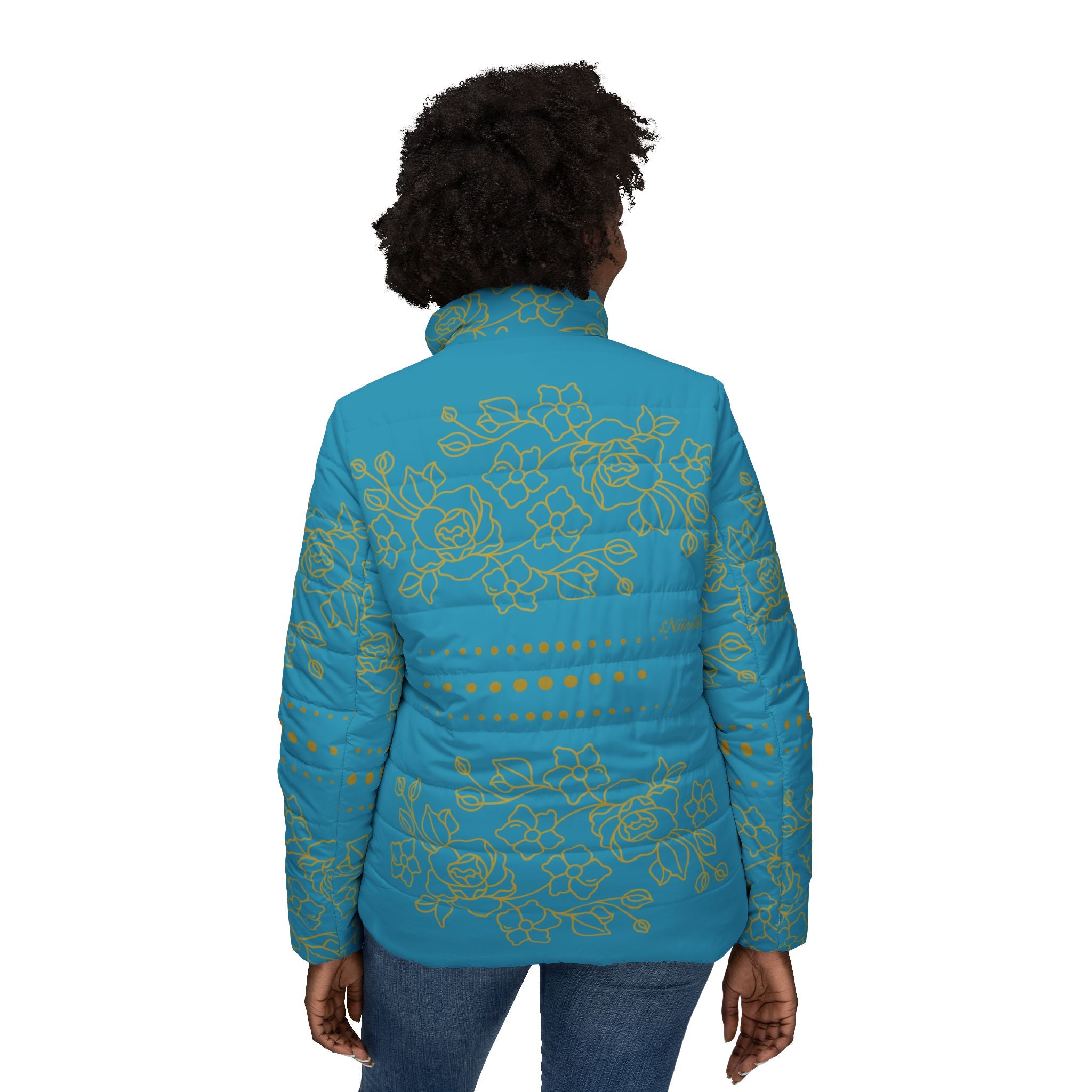 $NiieihiiNookei Floral Teal Women’s Puffer Jacket — Lightweight Quilted Winter Coat