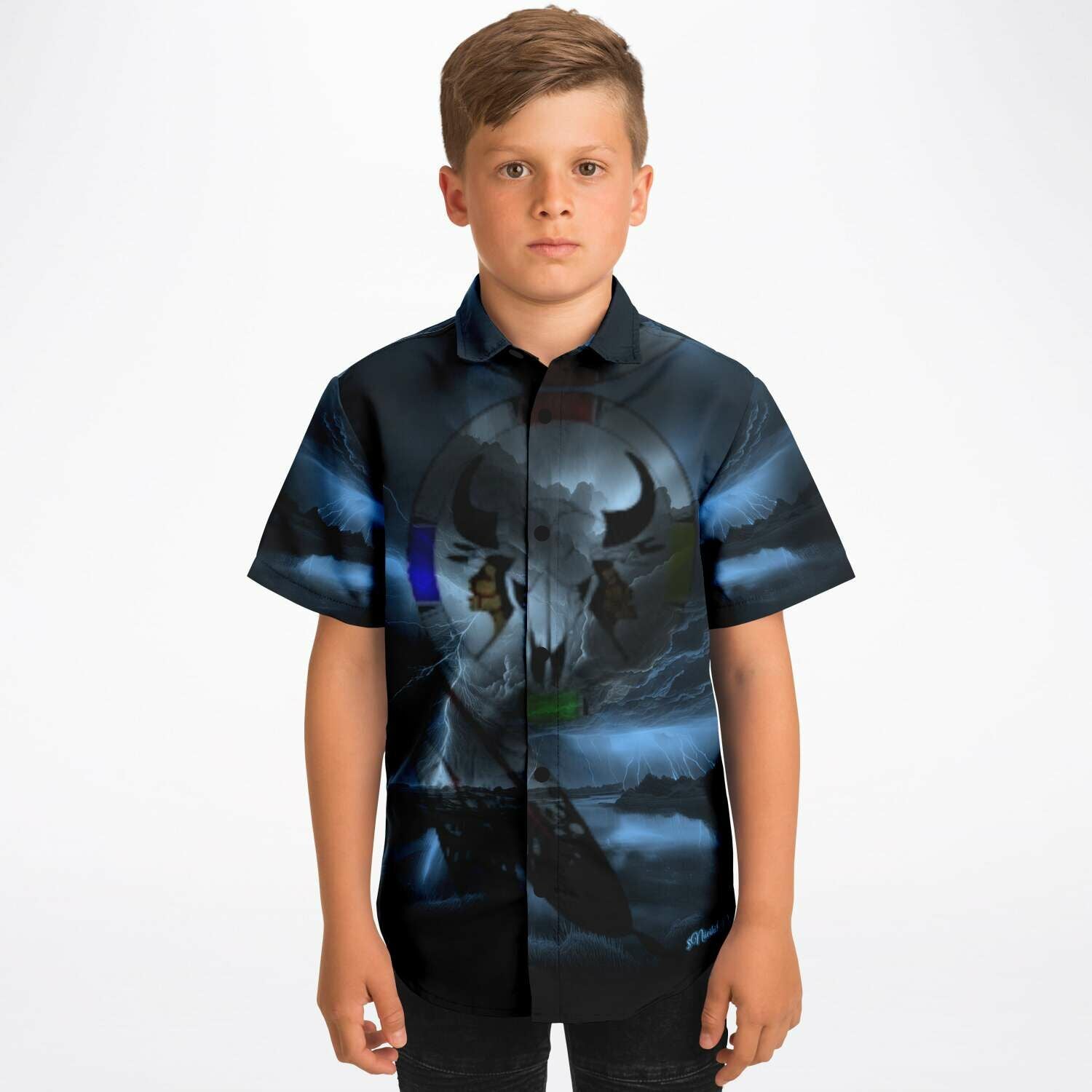 Northern Arapaho Tribe Logo Kids/Youth Short Sleeve Button Down Shirt - AOP