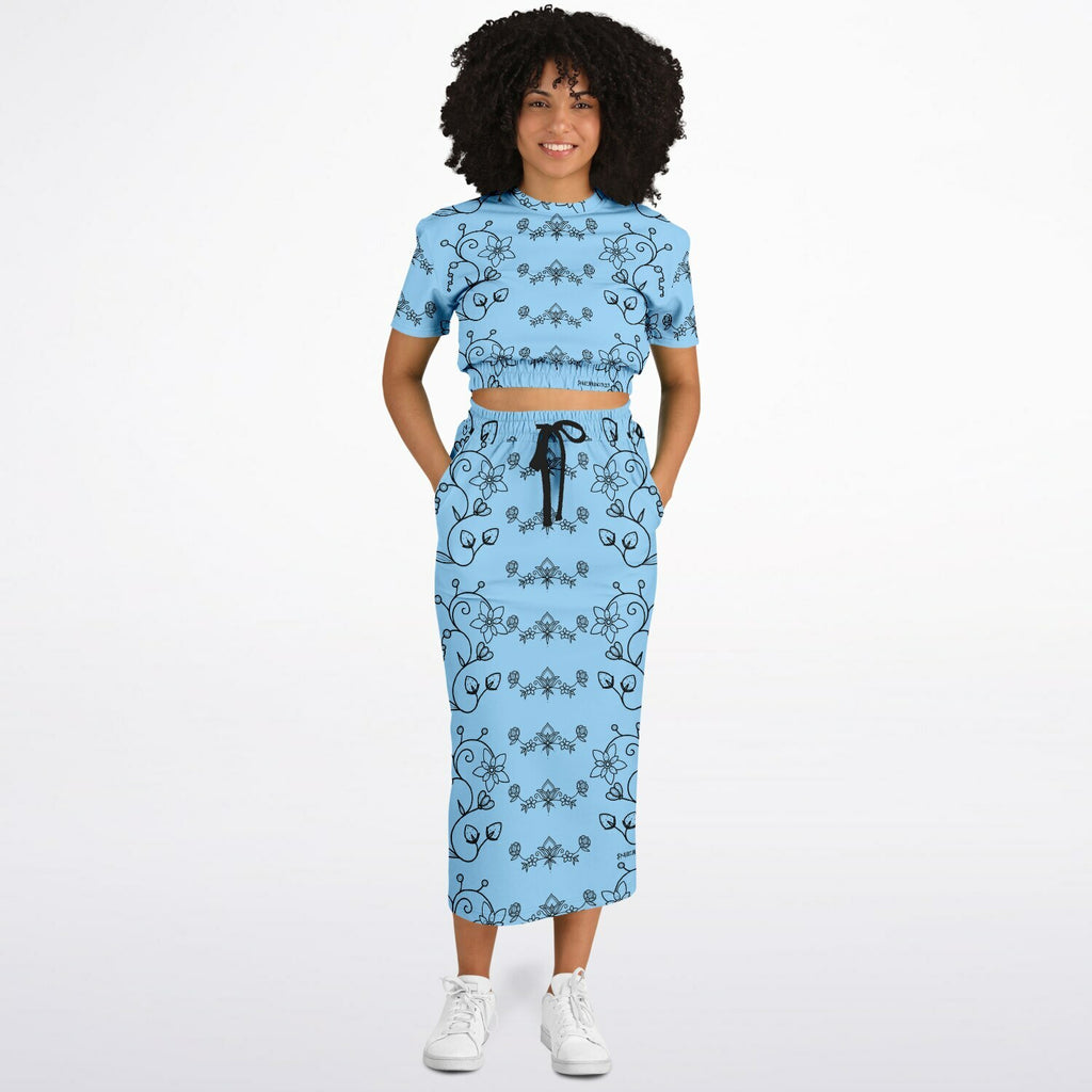 $NiieihiiNookei Athletic Cropped Short Sleeve Sweatshirt and Long Pocket Skirt Set – AOP