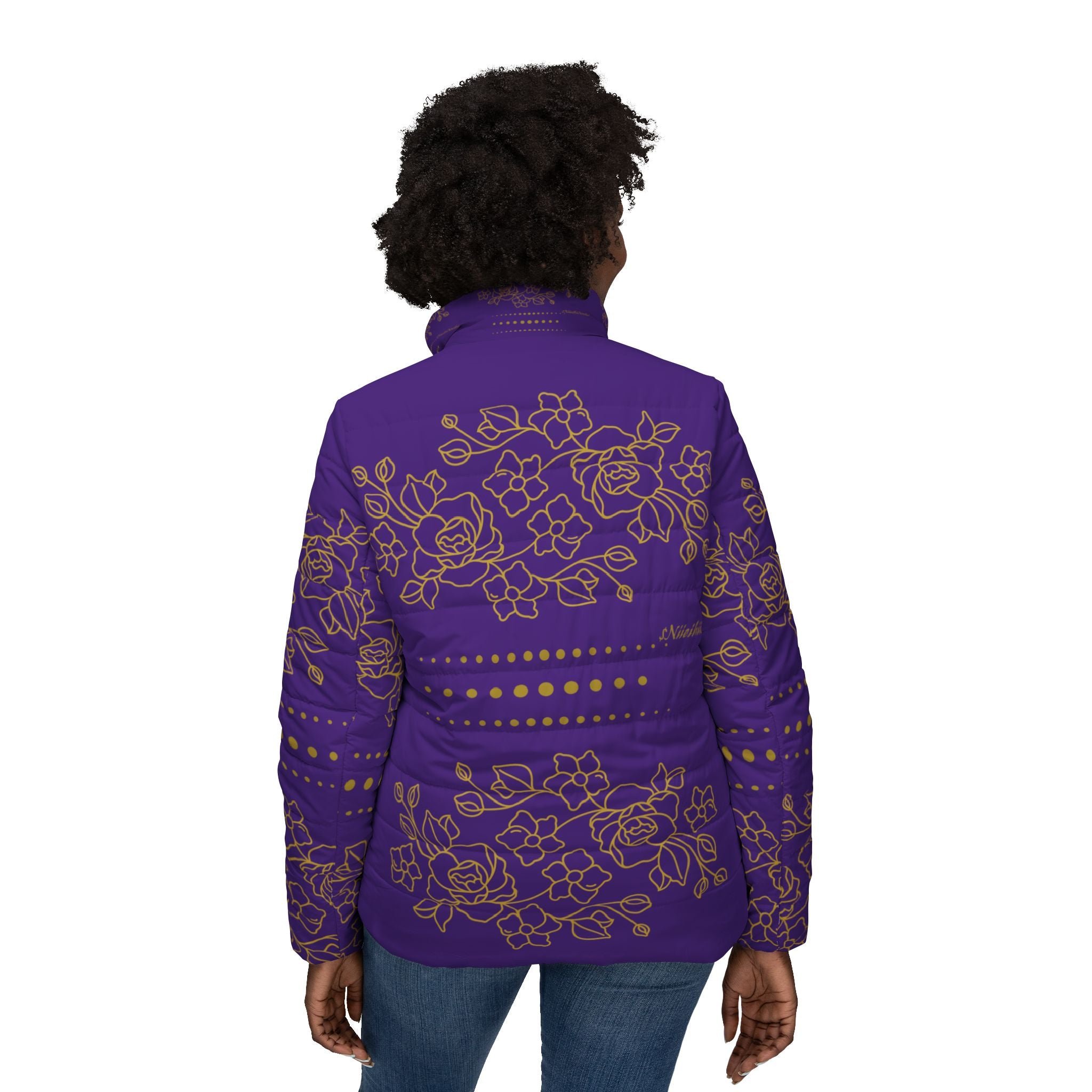 $NiieihiiNookei Floral Gold Accent Puffer Jacket — Women's Purple Quilted Coat