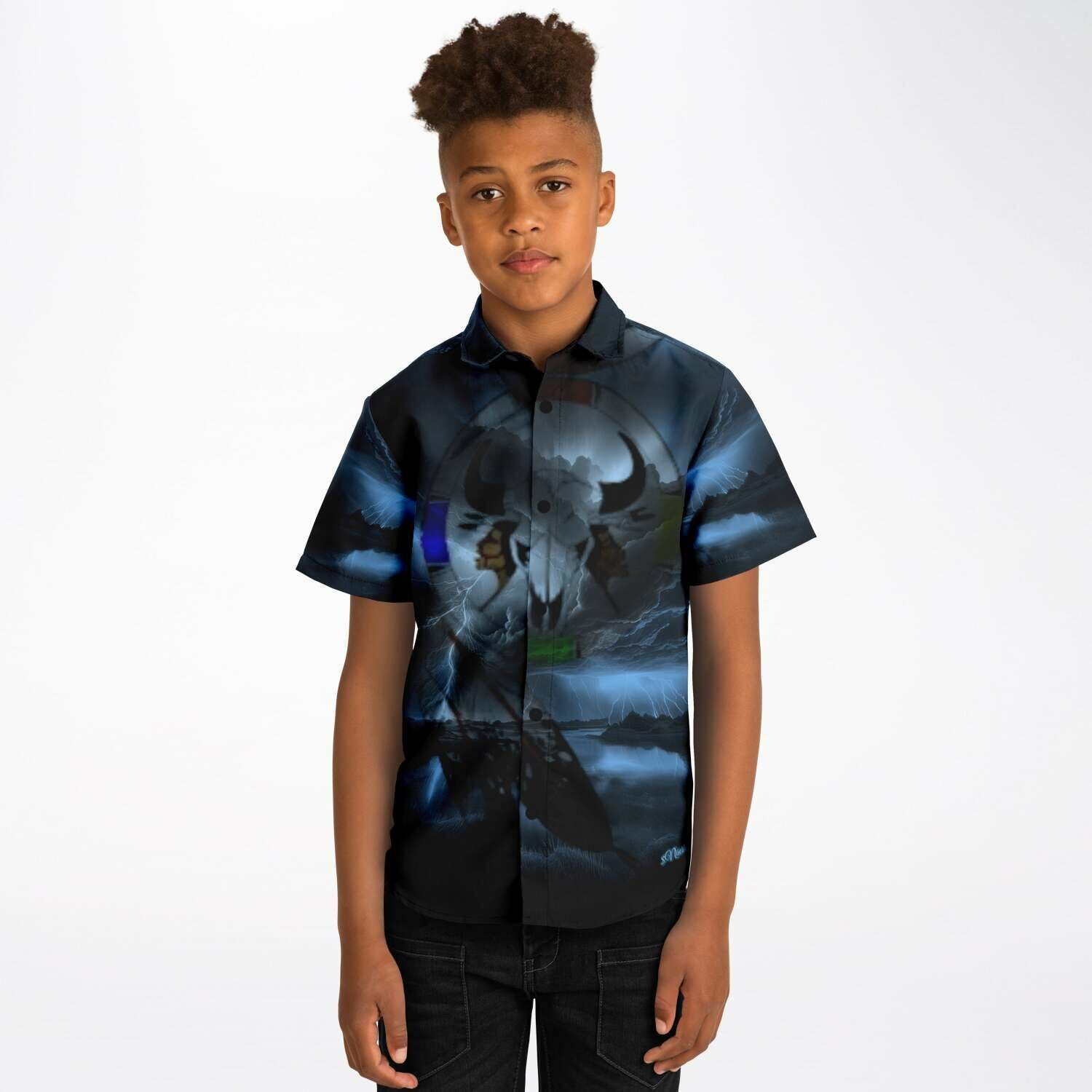 Northern Arapaho Tribe Logo Kids/Youth Short Sleeve Button Down Shirt - AOP