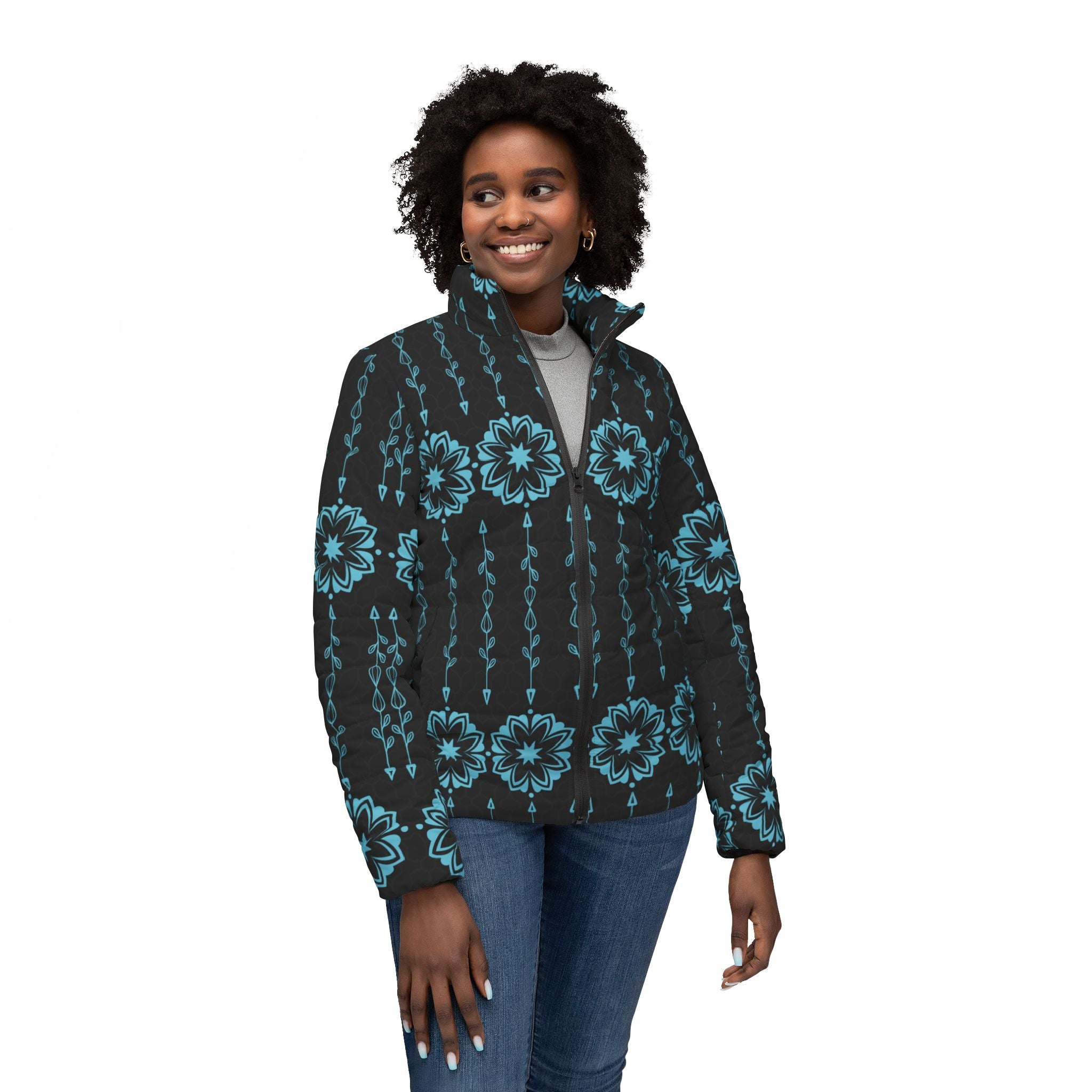 $NiieihiiNookei Modern Indigenous 5 Women’s Puffer Jacket — AOP