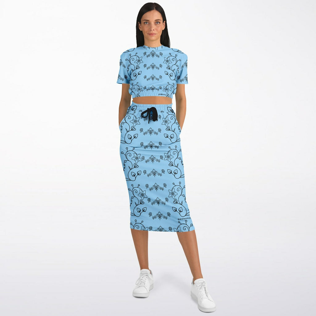$NiieihiiNookei Athletic Cropped Short Sleeve Sweatshirt and Long Pocket Skirt Set – AOP