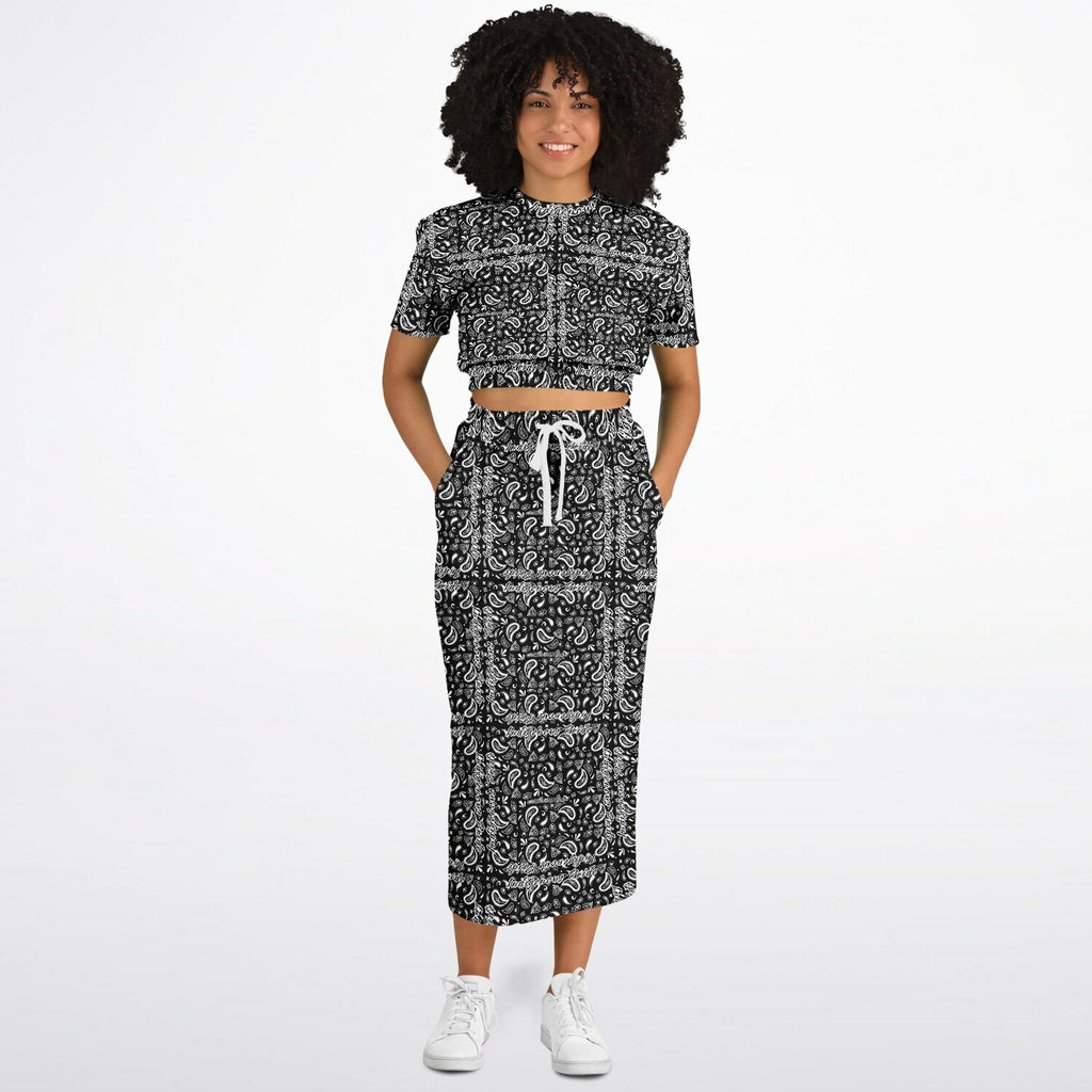$NiieihiiNookei Athletic Cropped Short Sleeve Sweatshirt and Long Pocket Skirt Set – AOP