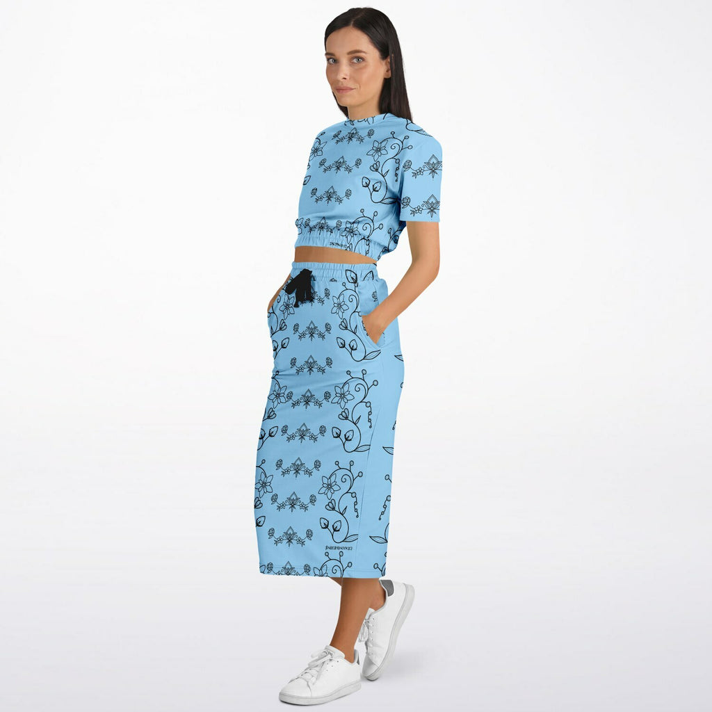 $NiieihiiNookei Athletic Cropped Short Sleeve Sweatshirt and Long Pocket Skirt Set – AOP