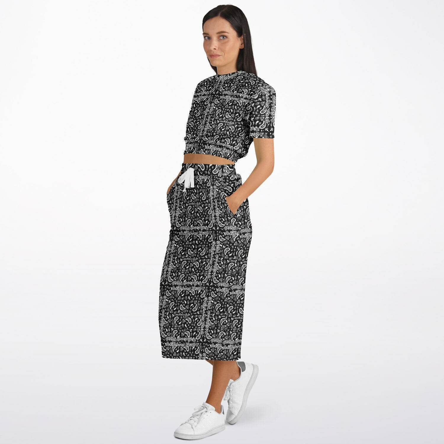 $NiieihiiNookei Athletic Cropped Short Sleeve Sweatshirt and Long Pocket Skirt Set – AOP